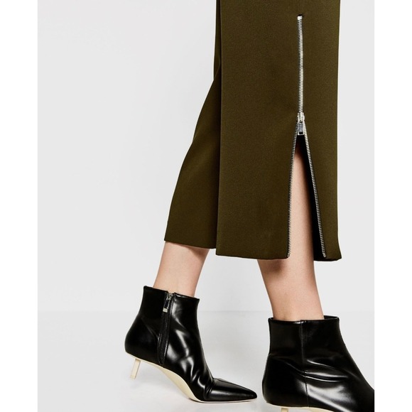 Zara Woman Olive Green Jumpsuit Utility Style Silver Zip Long‎ Sleeve Pockets - Picture 3 of 10